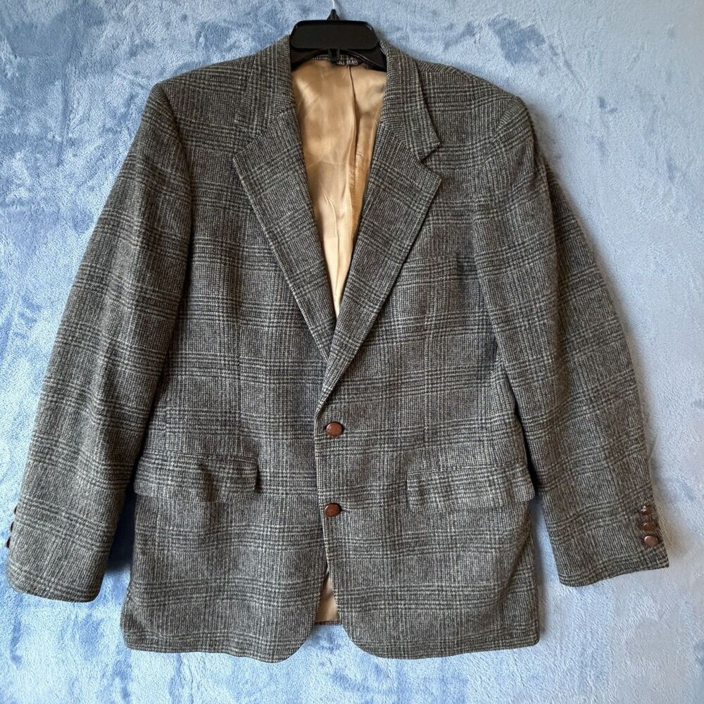 Vintage Bill Blass 100% Camel Hair Blazer Mens Gray Glen Plaid Sport Coat USA 42